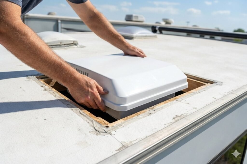 Hands guiding a rooftop RV air conditioner unit into its roof opening during installation