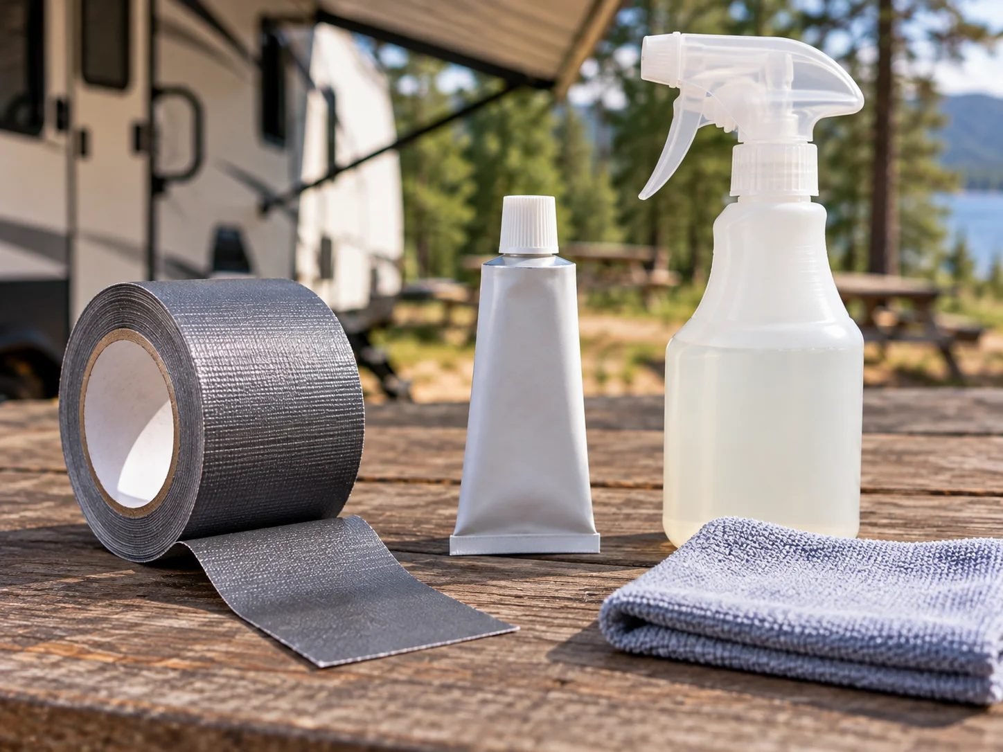 RV awning repair kit with repair tape, liquid vinyl patch, and fabric guard spray