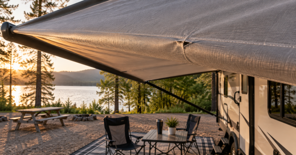 RV awning repair: small tear near the roller tube on an extended awning at a lakeside campsite