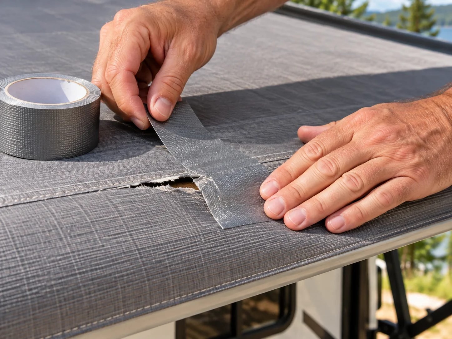 Applying RV awning repair tape to a torn hole in the fabric