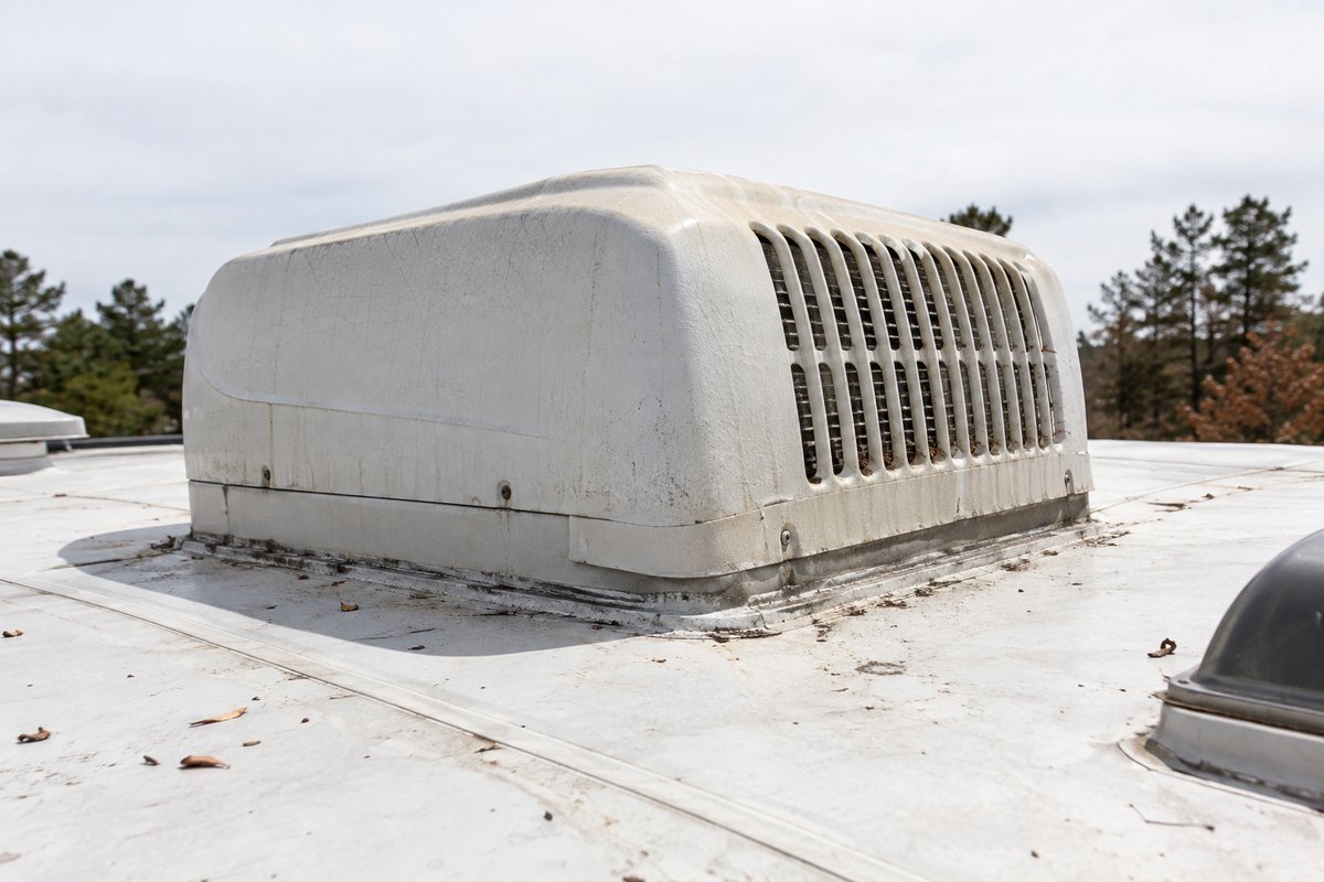 Bare RV rooftop air conditioner shroud without a cover, weathered from sun exposure