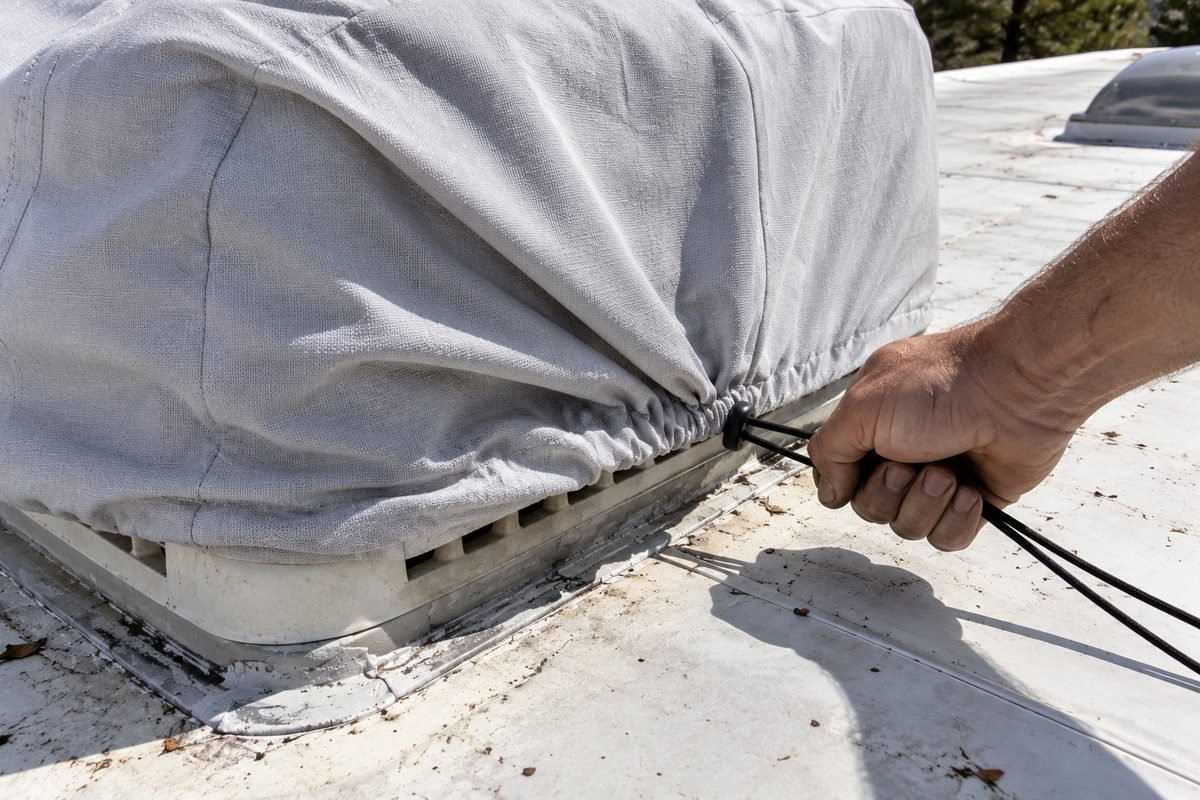 Cinching the drawstring on an RV air conditioner cover to secure it over the rooftop unit