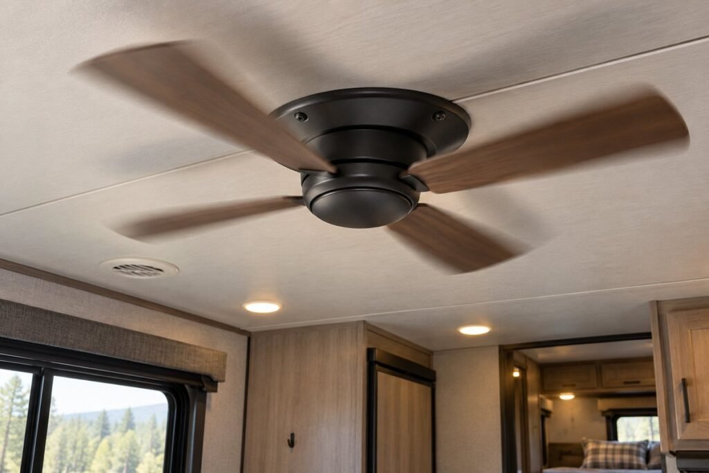 Close-up of a black flush-mount RV ceiling fan running, wood-tone blades in motion below a low RV ceiling
