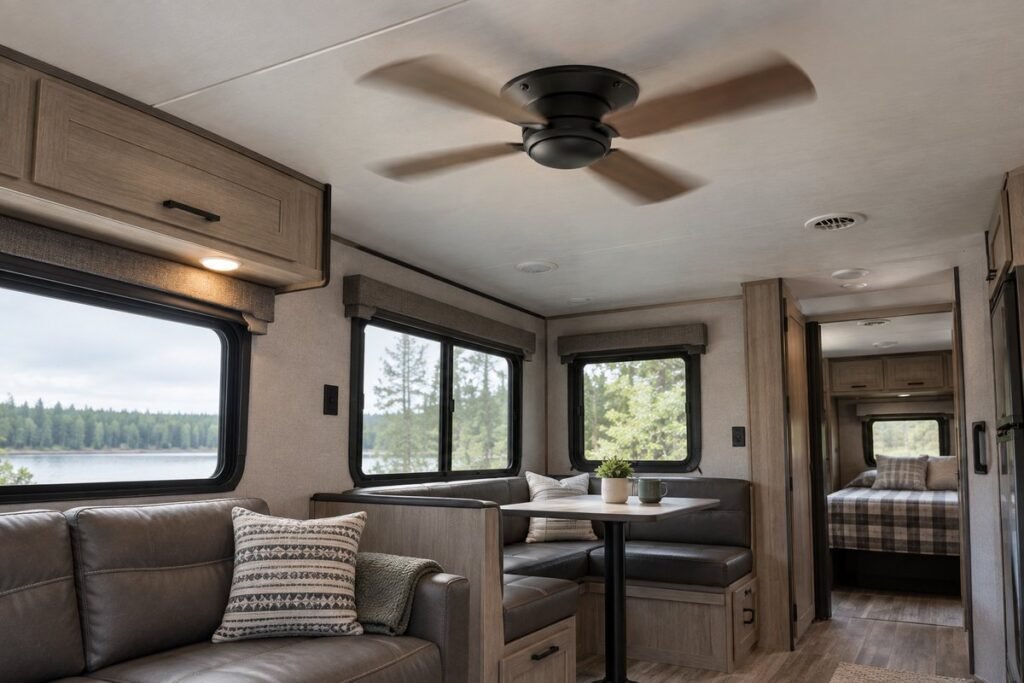 RV dinette and living area with a flush-mount ceiling fan running overhead, windows showing a lake and trees