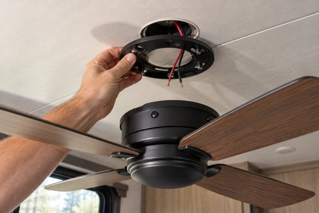 Installing a 12-volt RV ceiling fan, hand connecting red and black wires at an open ceiling mounting box