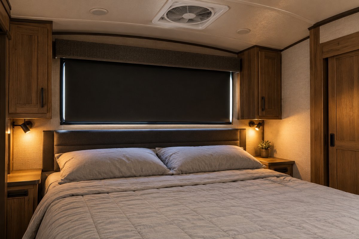 RV interior upgrades: travel trailer bedroom with a blackout shade drawn over a made short queen bed