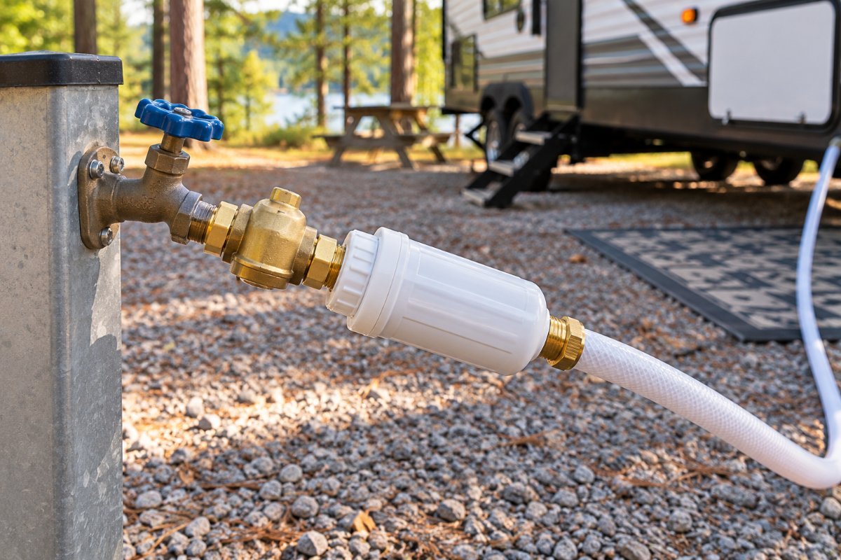 RV plumbing: brass water pressure regulator and inline water filter connected at a campground spigot