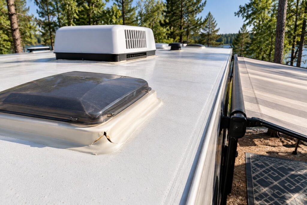 RV roof and awning care: cracked sealant around a roof vent on a travel trailer roof, awning extended below