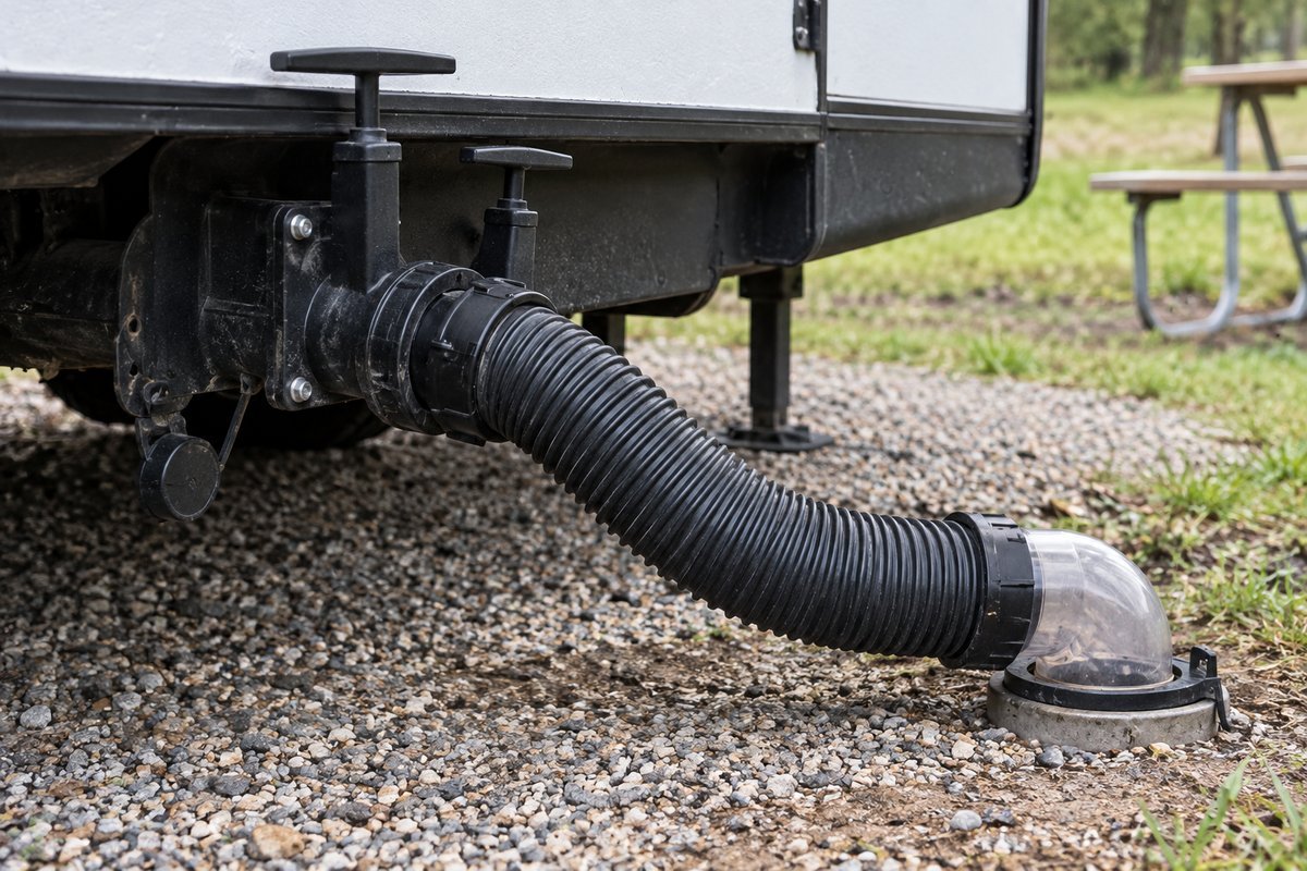 A corrugated RV sewer hose connected to a travel trailer's dump valve outlet at a campground site