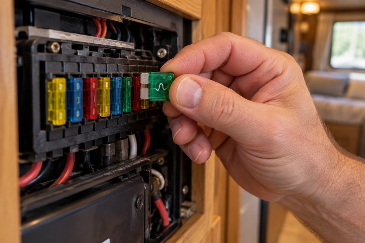Pulling a 30 amp blade fuse from an RV 12 volt fuse panel during RV slide out repair