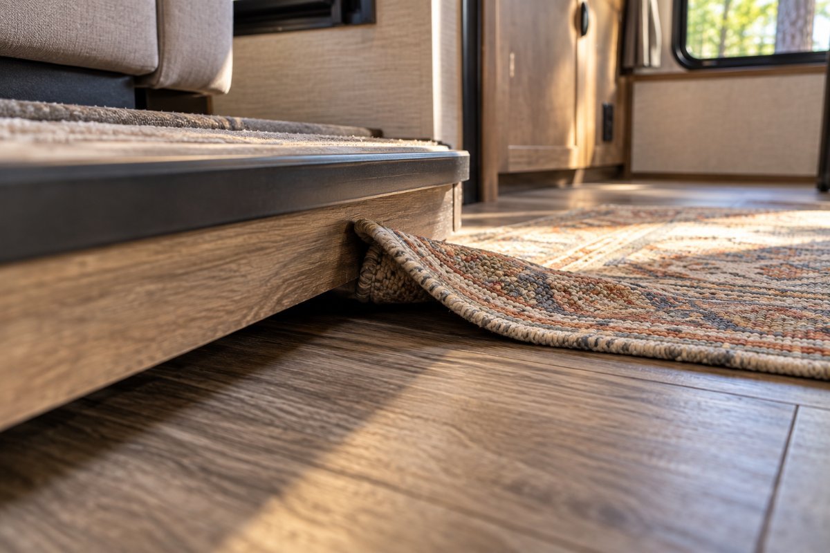 Rug corner caught under the leading edge of an RV slide room floor