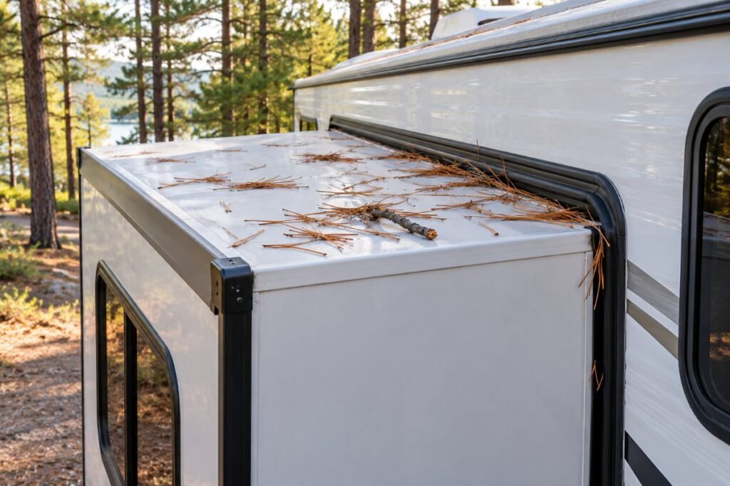 RV slide out repair: pine needles and a twig caught on top of an extended slide room