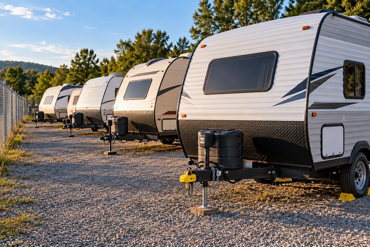 Row of travel trailers parked in an outdoor RV storage lot, with a coupler lock on the nearest trailer, illustrating RV statistics