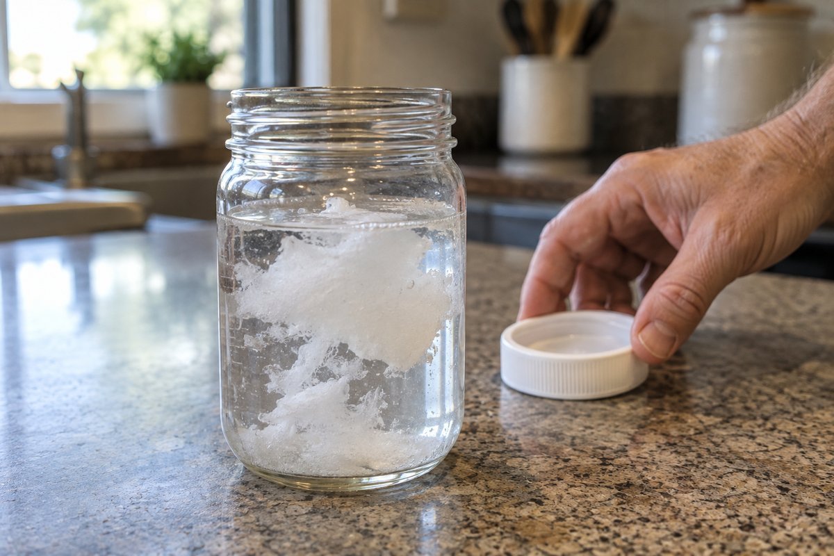 A square of toilet paper breaking apart inside a small glass jar of water during a septic dispersion test