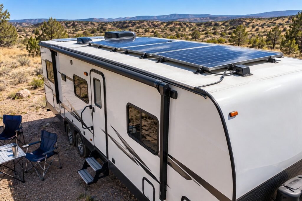 Best RV solar panel kit installed on a travel trailer roof at a sunny desert campsite
