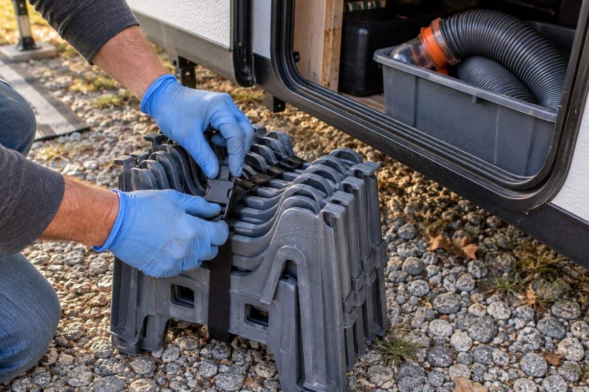 Nested sewer hose support sections strapped together beside an open travel trailer storage bay