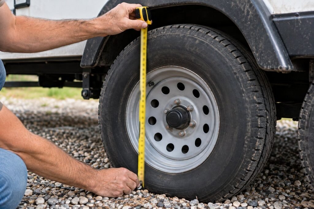 Hands measuring a trailer tire from the ground to the top of the tread with a tape measure to size an RV tire cover