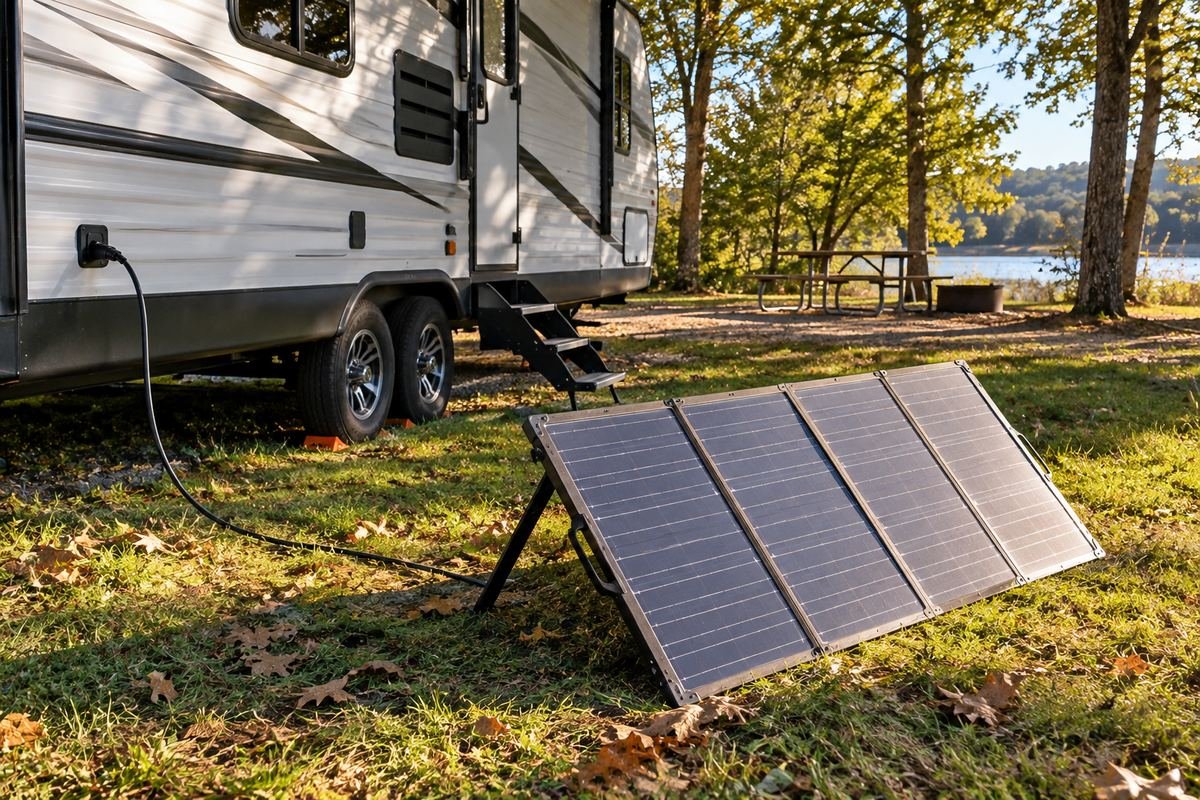 Portable folding solar panel set in the sun beside a travel trailer parked in shade, cabled to a sidewall port