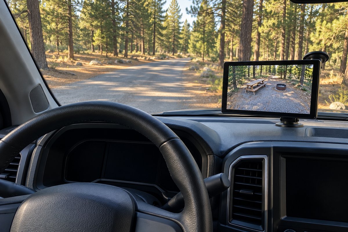 Wireless backup camera monitor on a truck windshield showing the campsite behind the trailer.