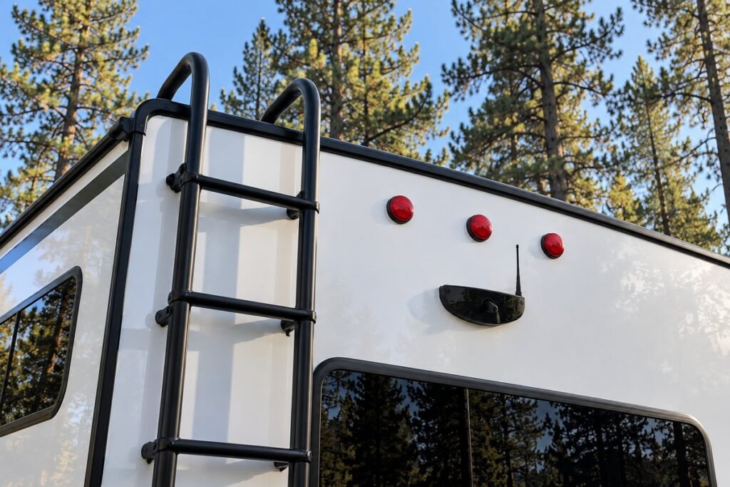 RV backup camera mounted high on the rear wall of a travel trailer below the identification lights.