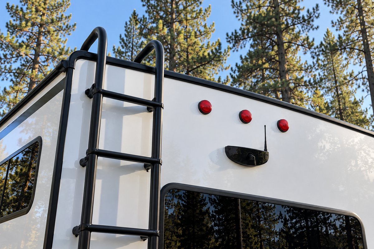 RV backup camera mounted high on the rear wall of a travel trailer below the identification lights.