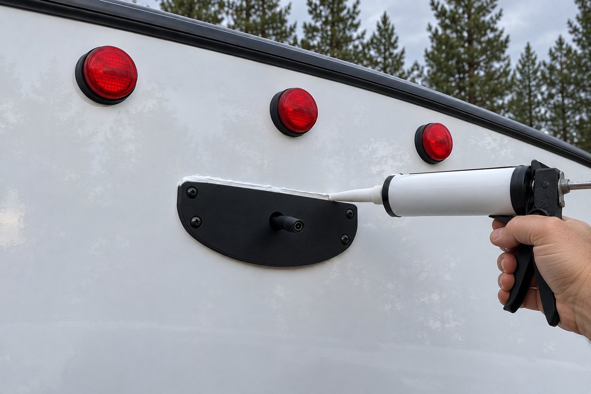 Sealing an RV backup camera bracket to a travel trailer's rear wall with white sealant.