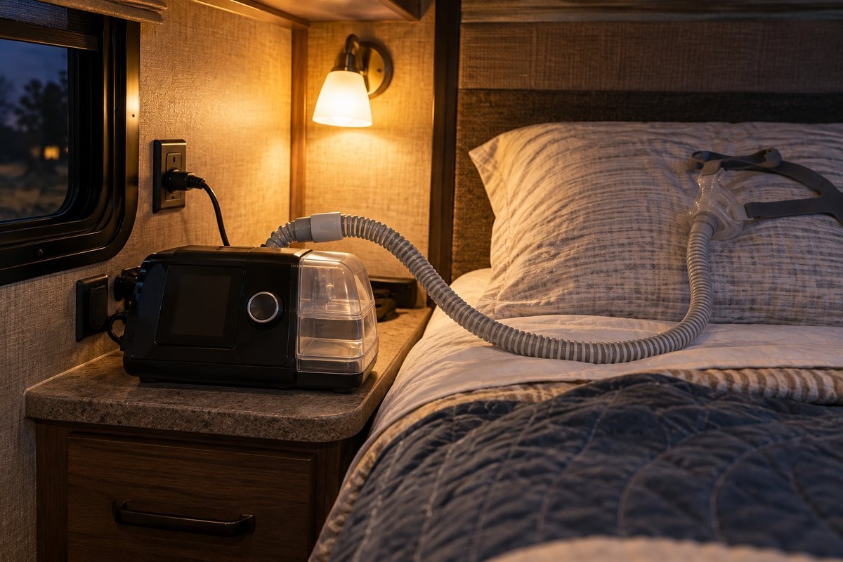 CPAP machine with humidifier plugged in on a bedside shelf in an RV bedroom at night