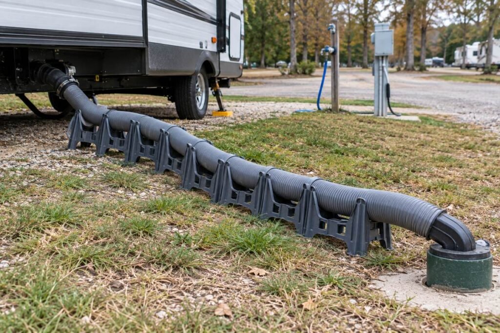 RV sewer hose support holding a sewer hose on a run from a travel trailer to a campground sewer inlet