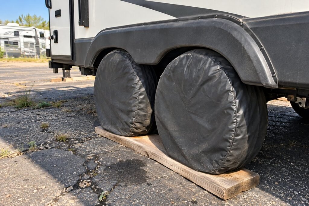 Black RV tire covers on a tandem axle with the tires resting on a wooden board in an RV storage lot