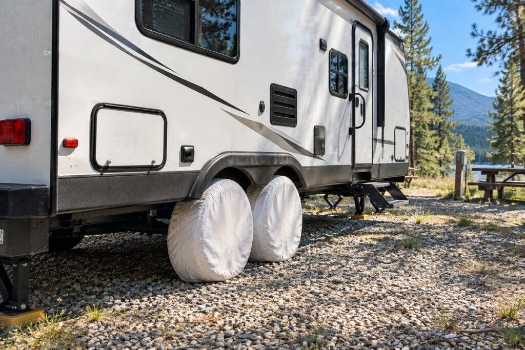 RV tire covers fitted over both tires of a tandem-axle travel trailer parked on a gravel campsite
