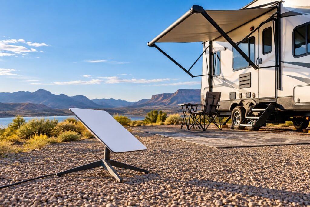 Starlink dish set up at an RV campsite with a lake and mountains in the background