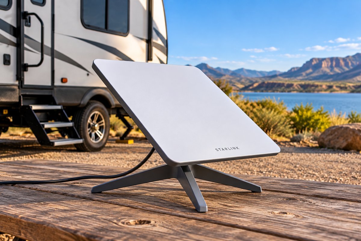 Starlink Mini dish on its kickstand next to a travel trailer near a lake