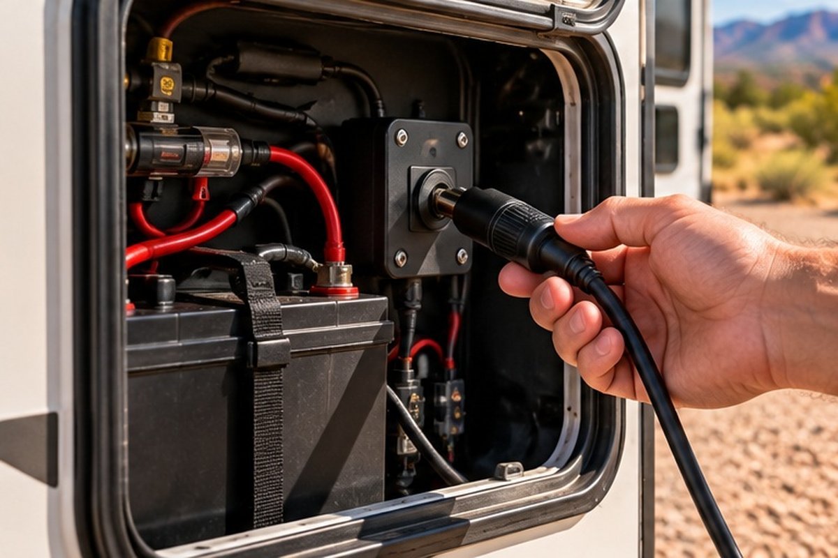 Hand plugging the Starlink power cable into an RV battery compartment