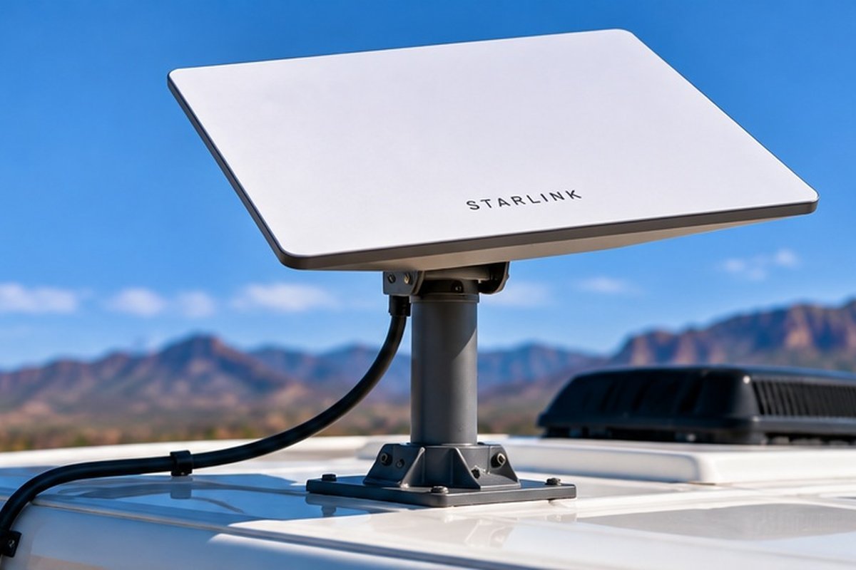 Starlink Standard dish mounted on a pole on an RV roof with desert mountains behind it